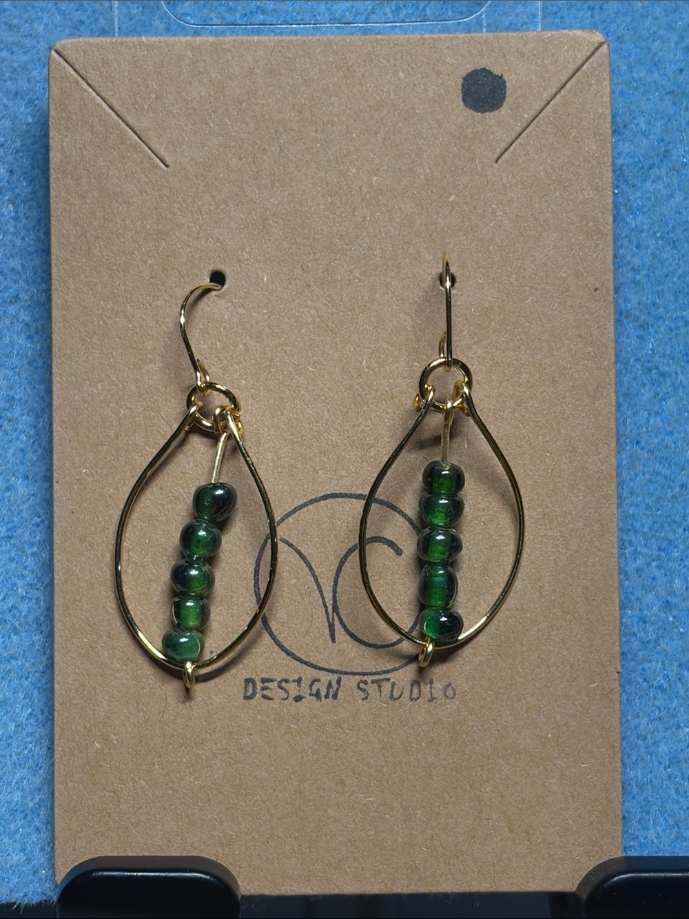 Handmade Gold Teardrop Earrings with Dark Green Beads